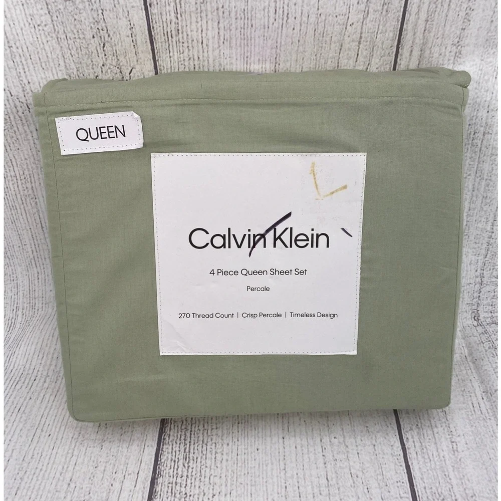 Calvin Klein Sheet Set Queen Sage Green Cotton Percale 270TC Earthy Modern